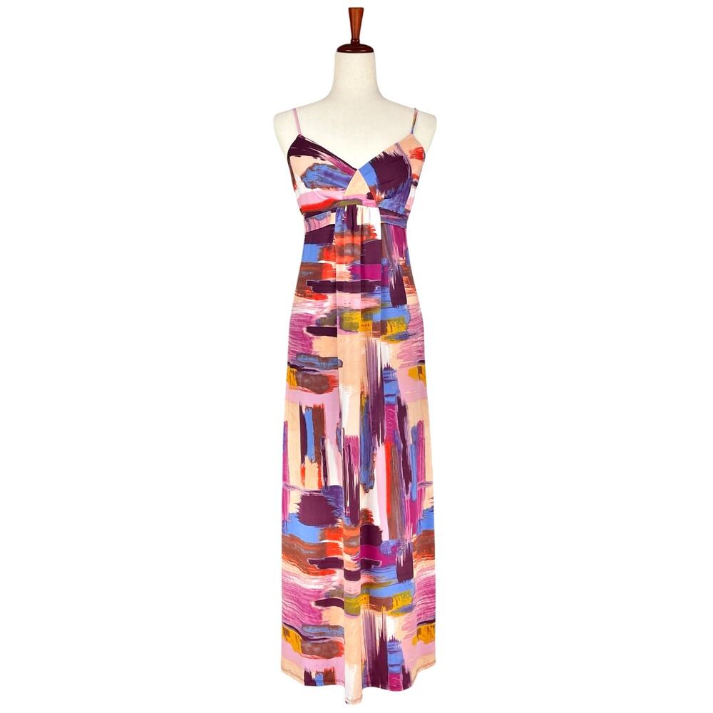 AUW Watercolor Sunset Sleeveless Maxi Dress Size M (est) Purple Pink Blue